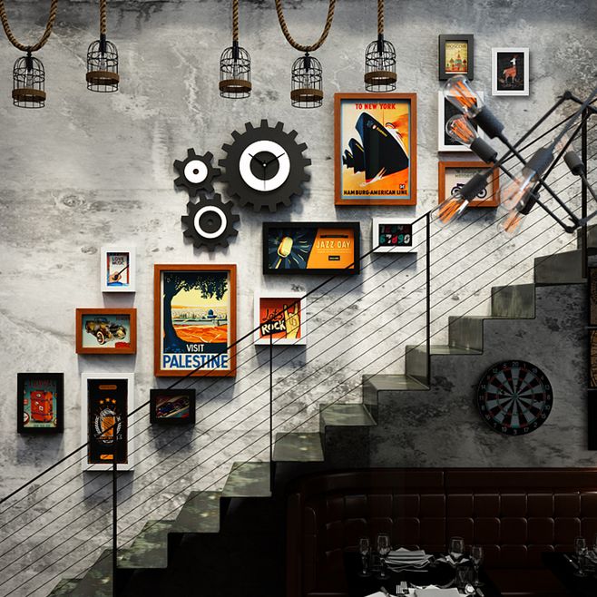 工業(yè)風(fēng)餐廳樓梯墻面裝飾復(fù)古酒吧飯店走廊過道背景墻齒輪墻壁掛件